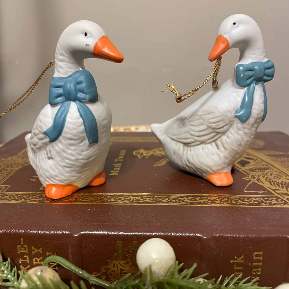 Vintage Blue Bow Geese Bisque Ornaments Set of Two
